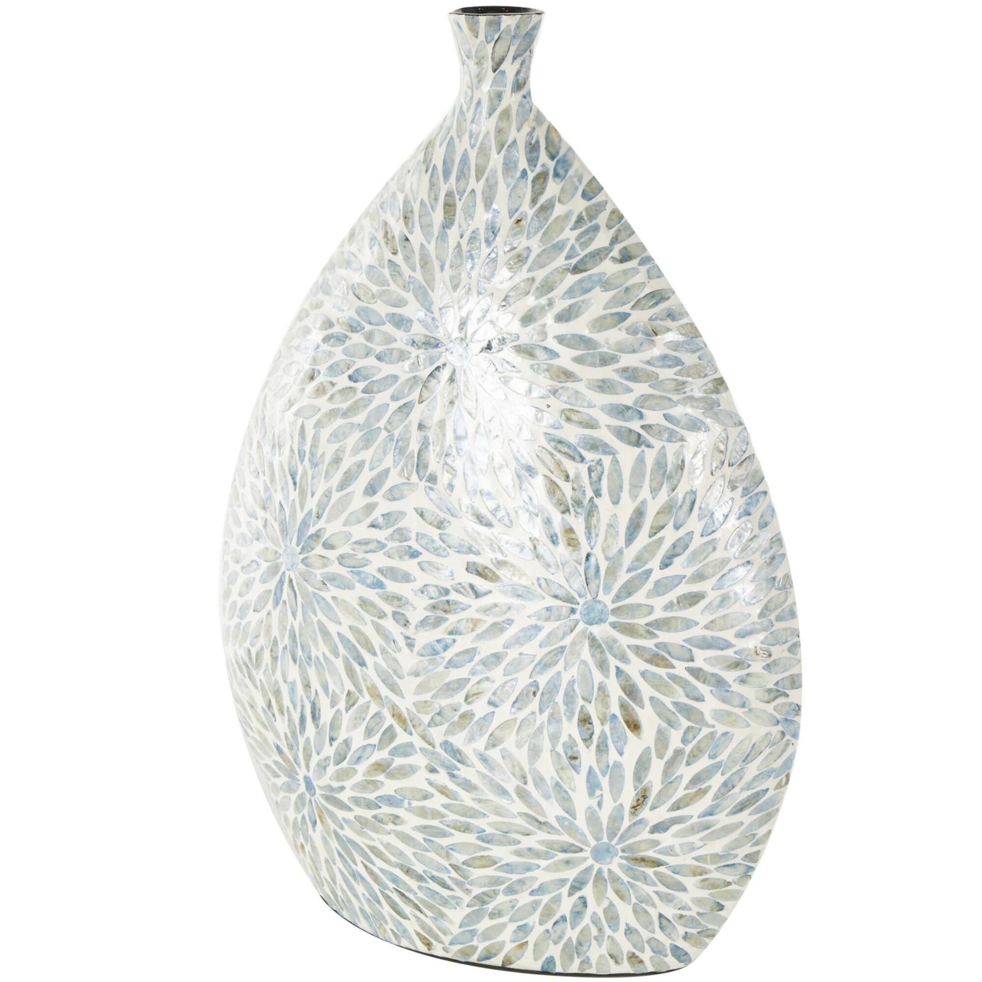 24.25" Blue & Cream Floral Mosaic Mother of Pearl Vase